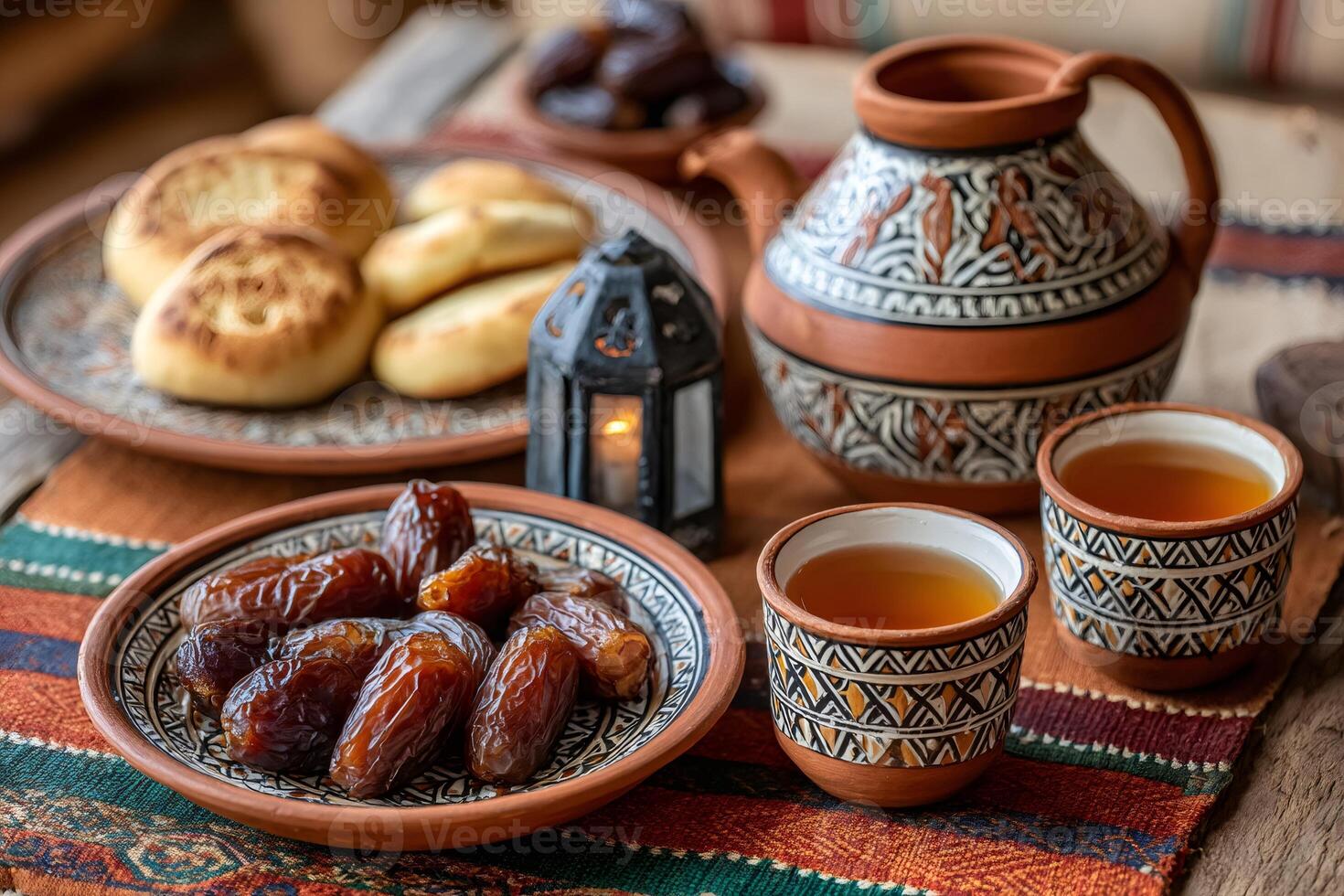 Traditional arabic tea, dates, bread, and lantern creating warm atmosphere photo