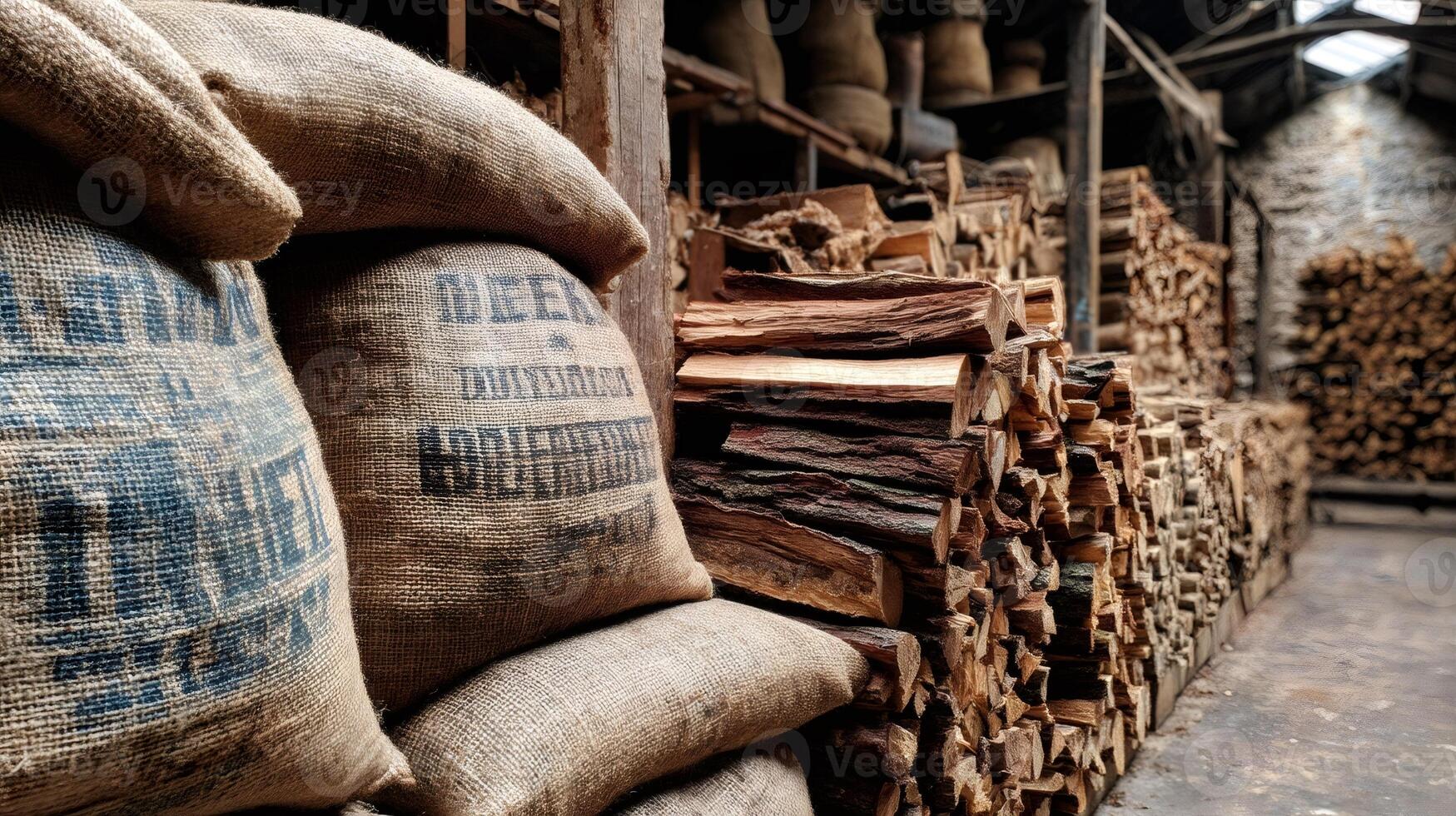 Sacks of coffee beans resting next to a stack of firewood in a rustic warehouse photo