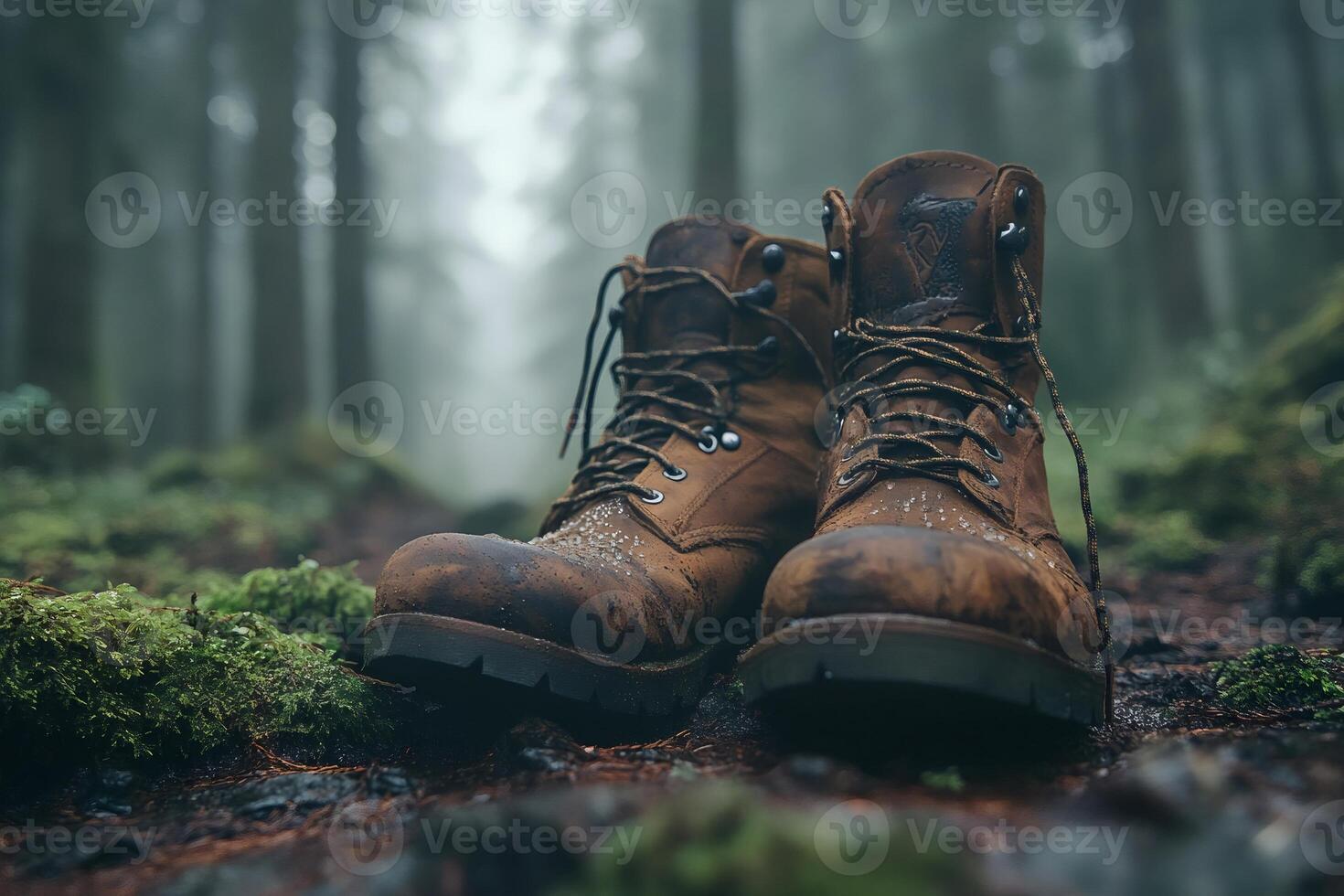 Hiking boots standing on mossy forest path after rain photo