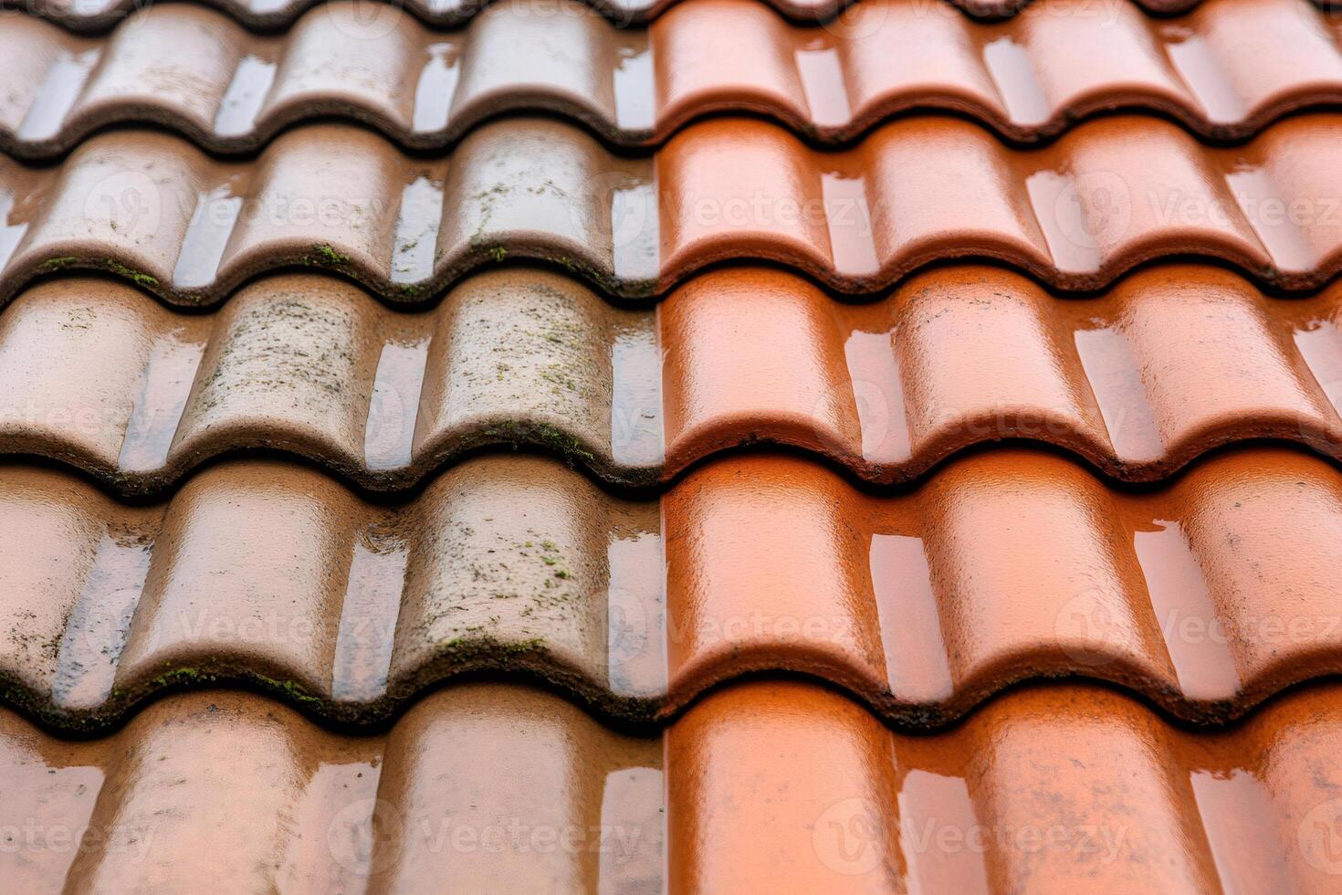 Roof cleaning showing before and after moss removal with pressure washer.. photo