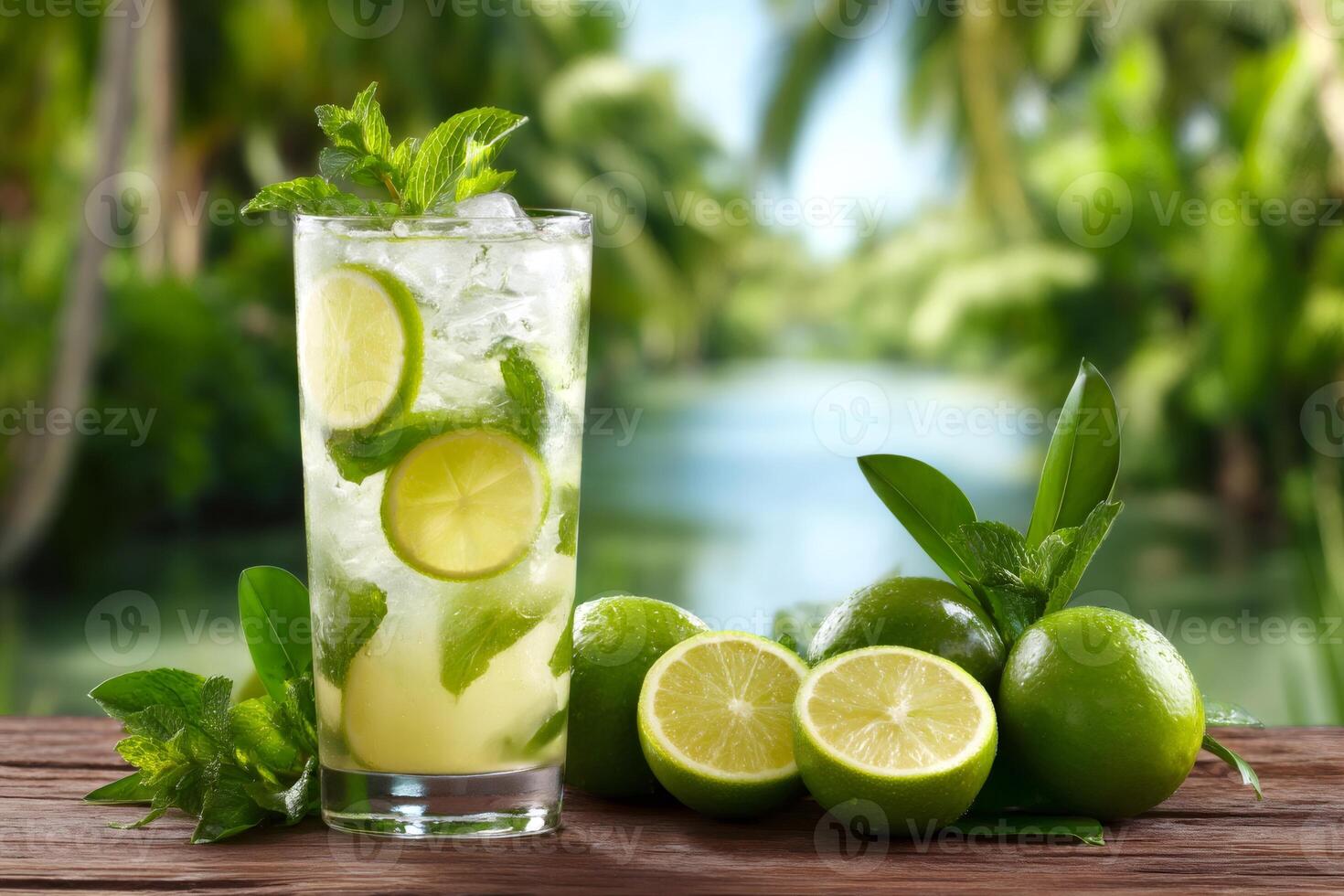Refreshing mojito cocktail with lime, mint and ice cubes on wooden table in tropical setting.. photo