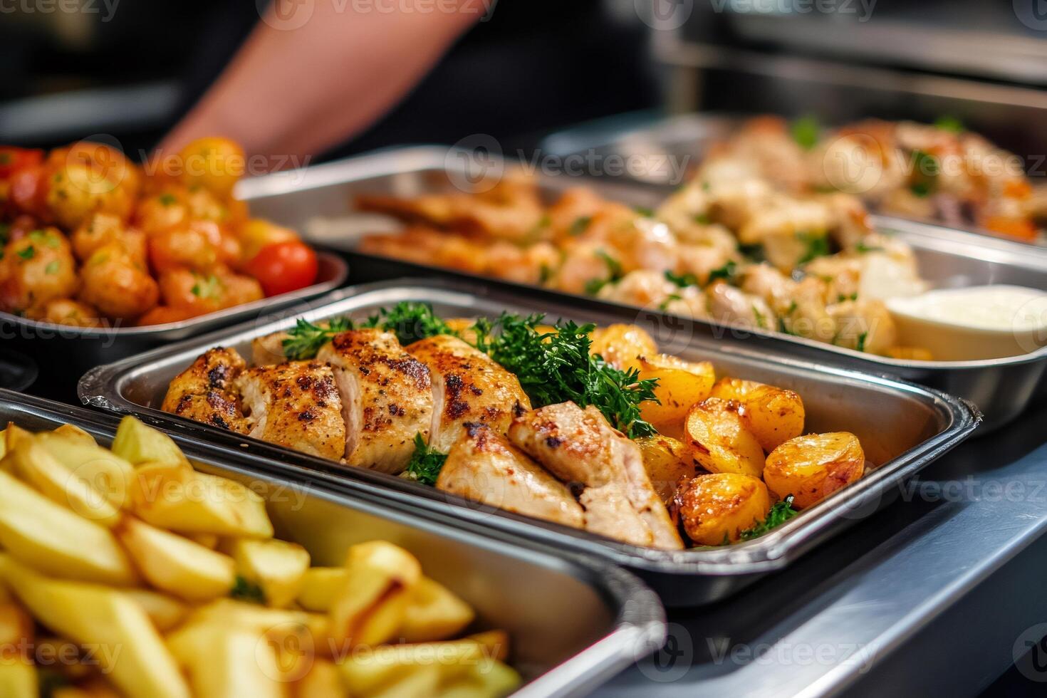 Chef preparing chicken and potatoes for catering buffet, delicious food ready to be served photo