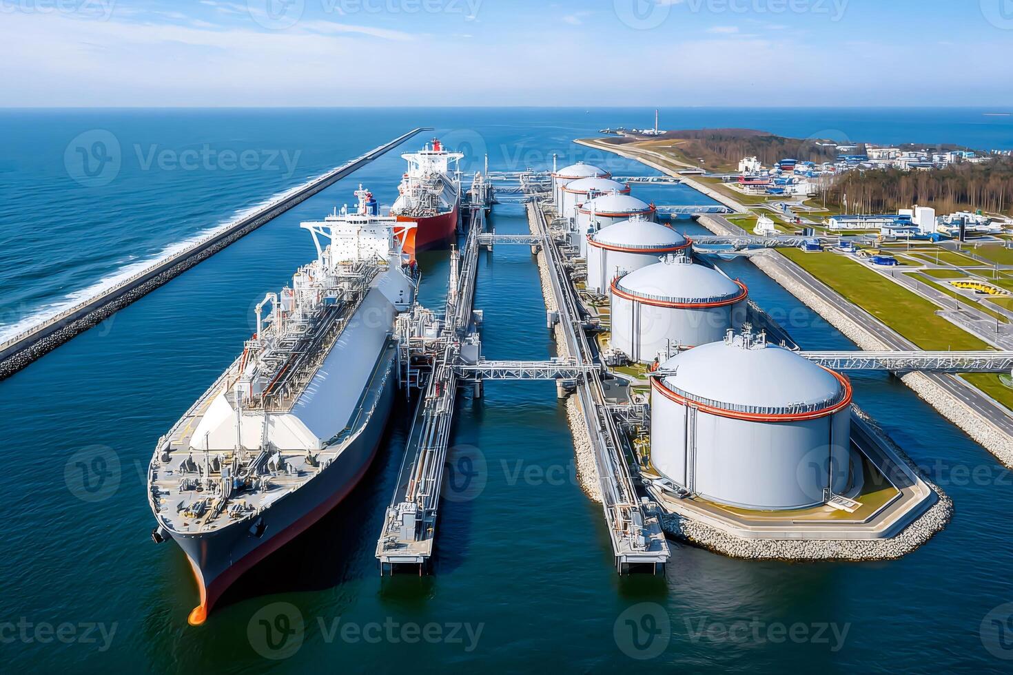 Lng terminal importing liquefied natural gas with tankers docked at port photo