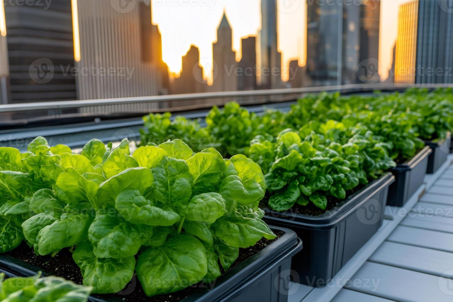 Rows of butterhead lettuce growing in rooftop garden at sunset with city skyline in background photo