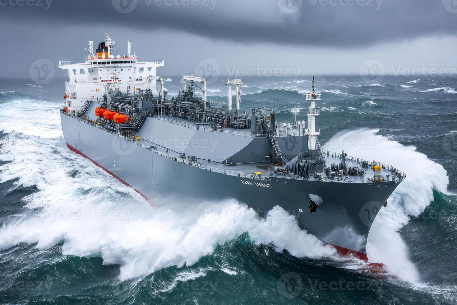 Large lng tanker sailing in rough seas during a storm photo