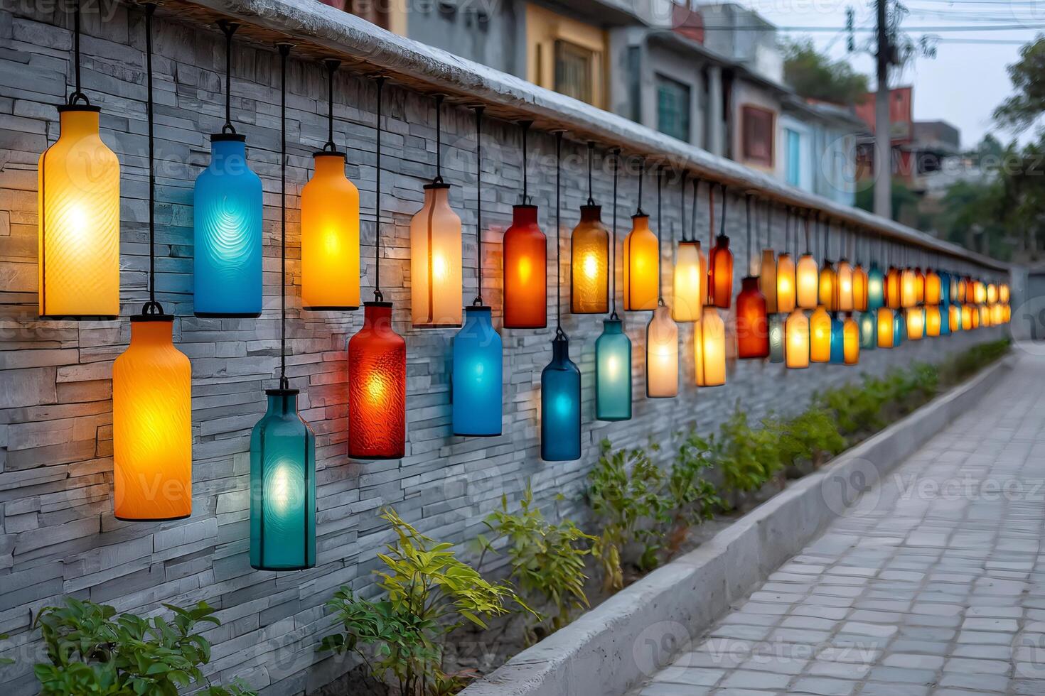 Colorful hanging lanterns illuminating a stone wall pathway photo