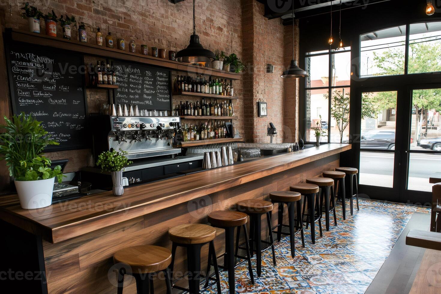 Empty bar showing rustic interior design with wooden counter and stools photo