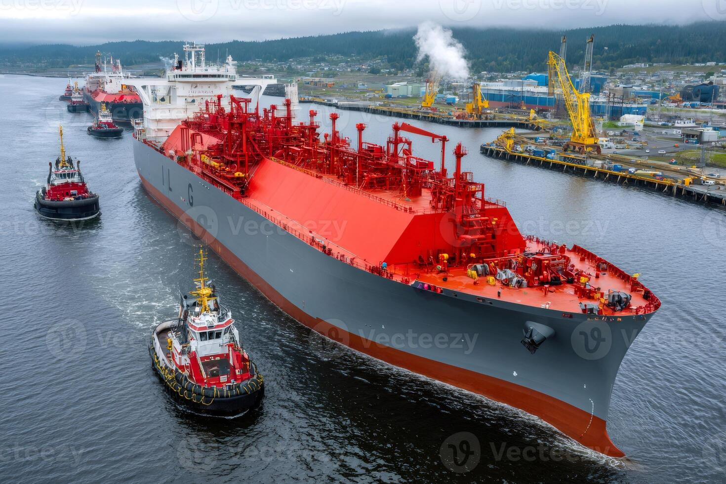 Lng tanker navigating with tugboats assistance in industrial harbor photo