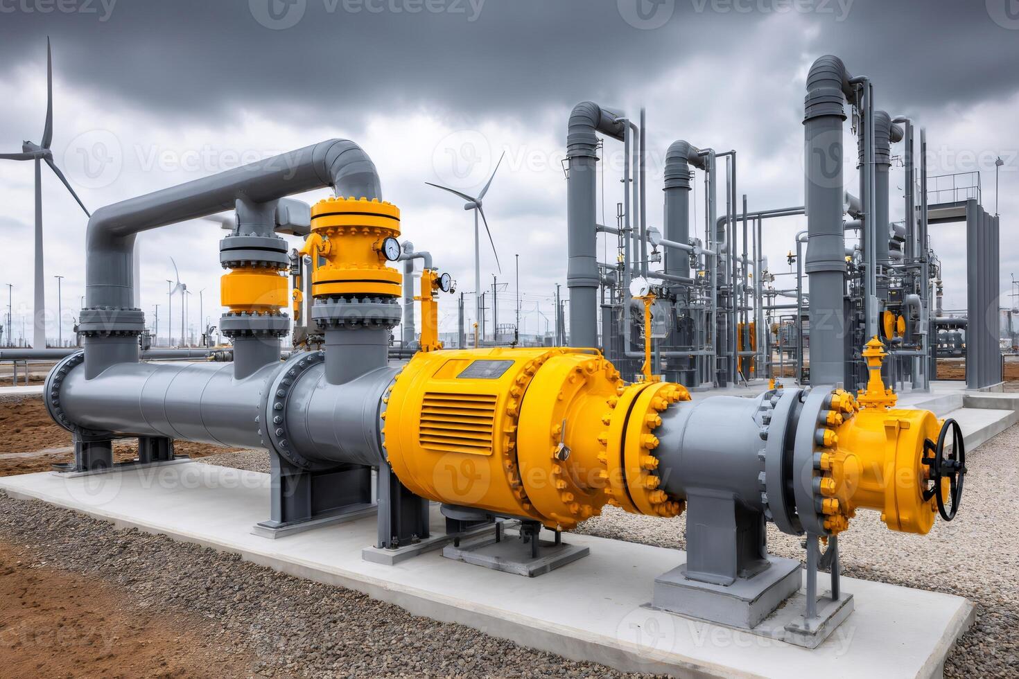 Gas pipeline infrastructure connecting to wind turbines for renewable energy photo