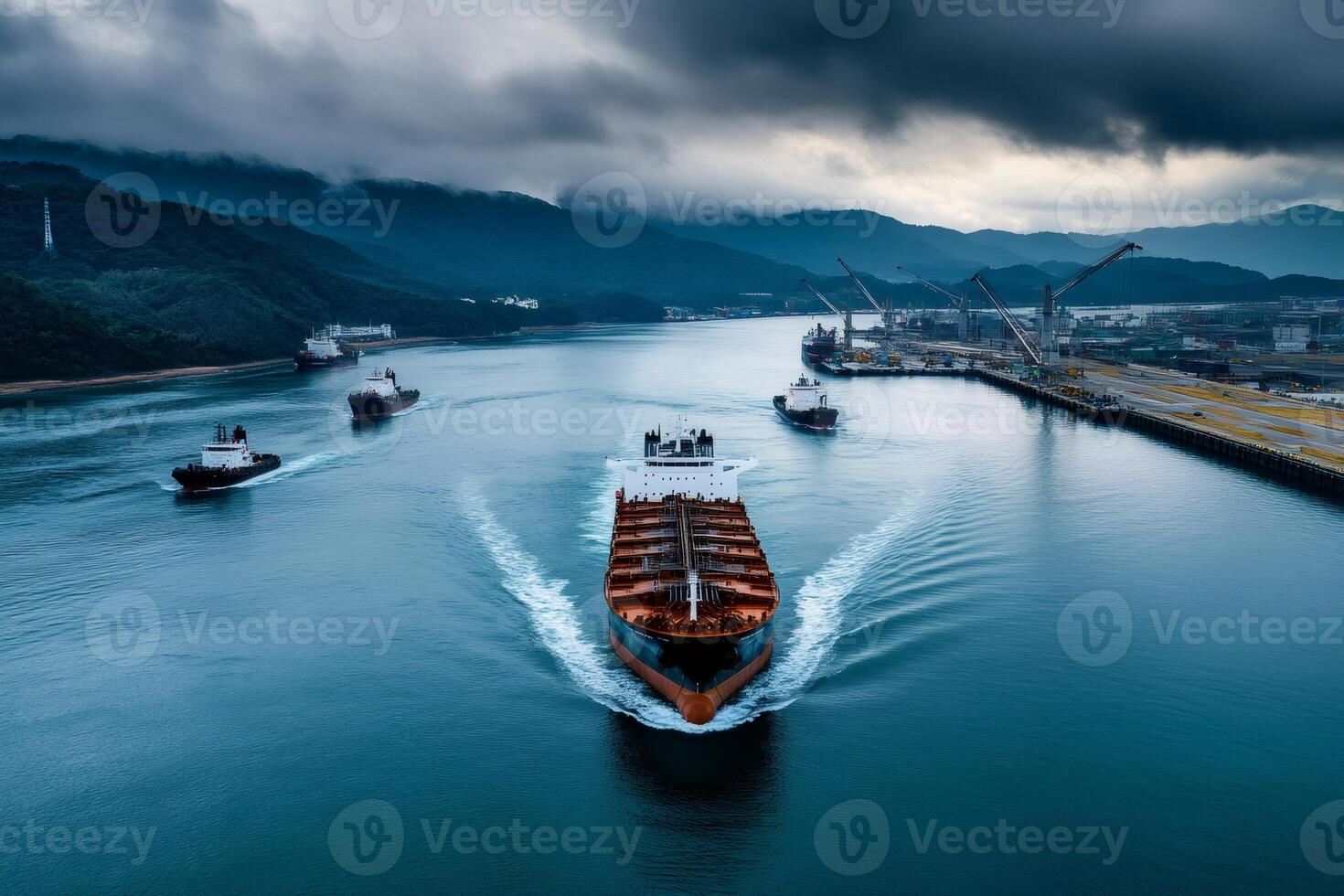 Cargo ships navigating industrial harbor channel photo