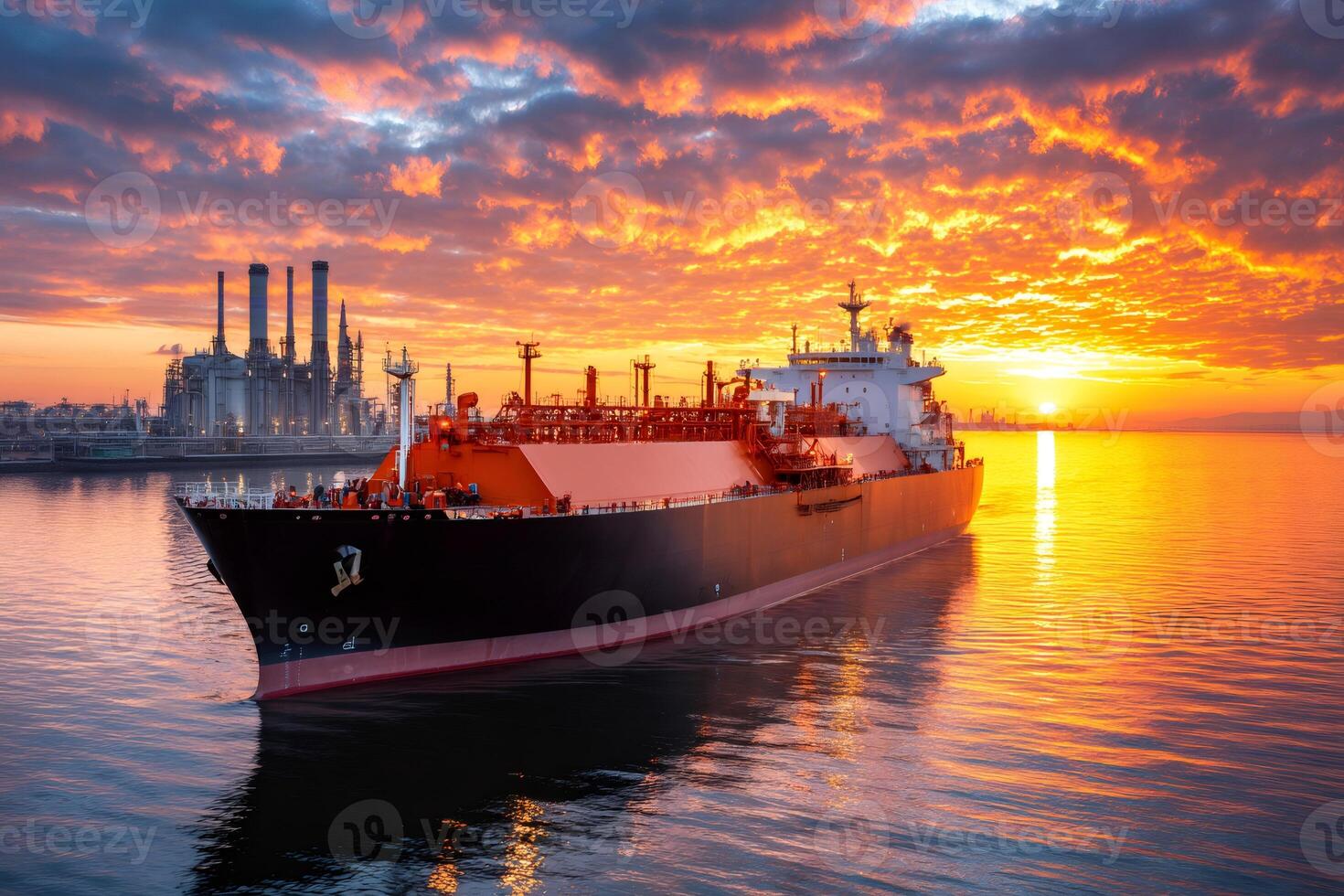 Lng tanker sailing near refinery at sunset. . photo