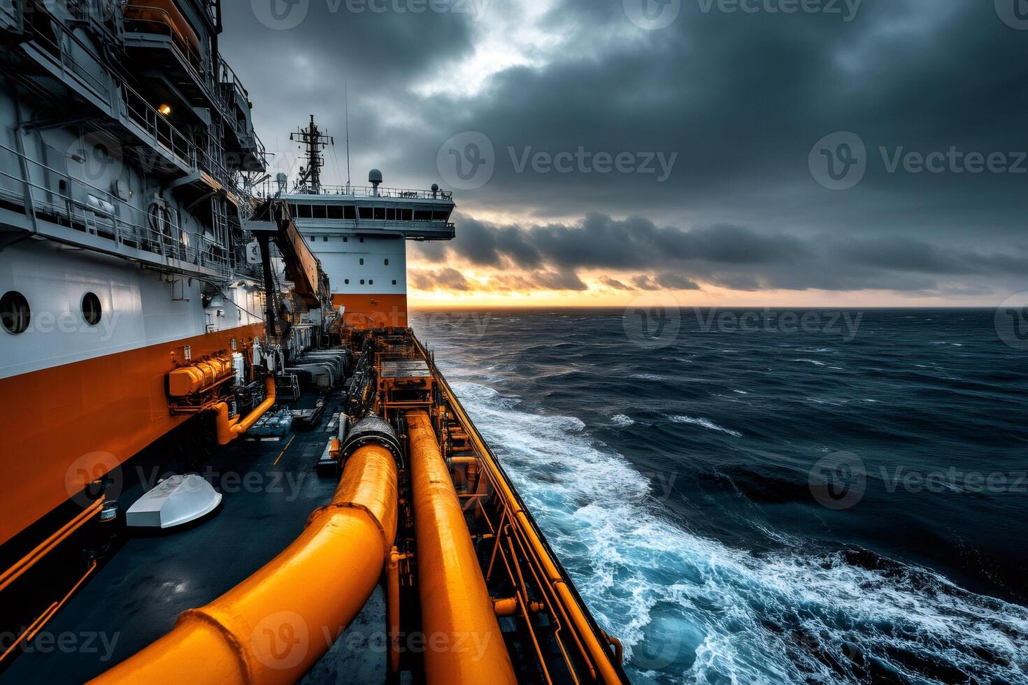 Cargo ship sailing on rough sea at sunset with dramatic sky photo