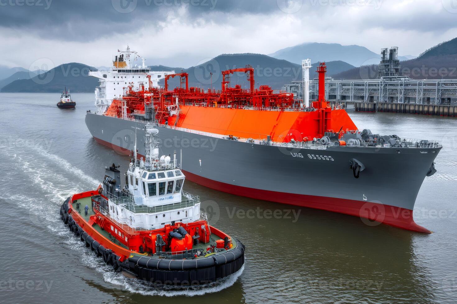 Lng tanker docking with tugboat assistance in industrial port photo
