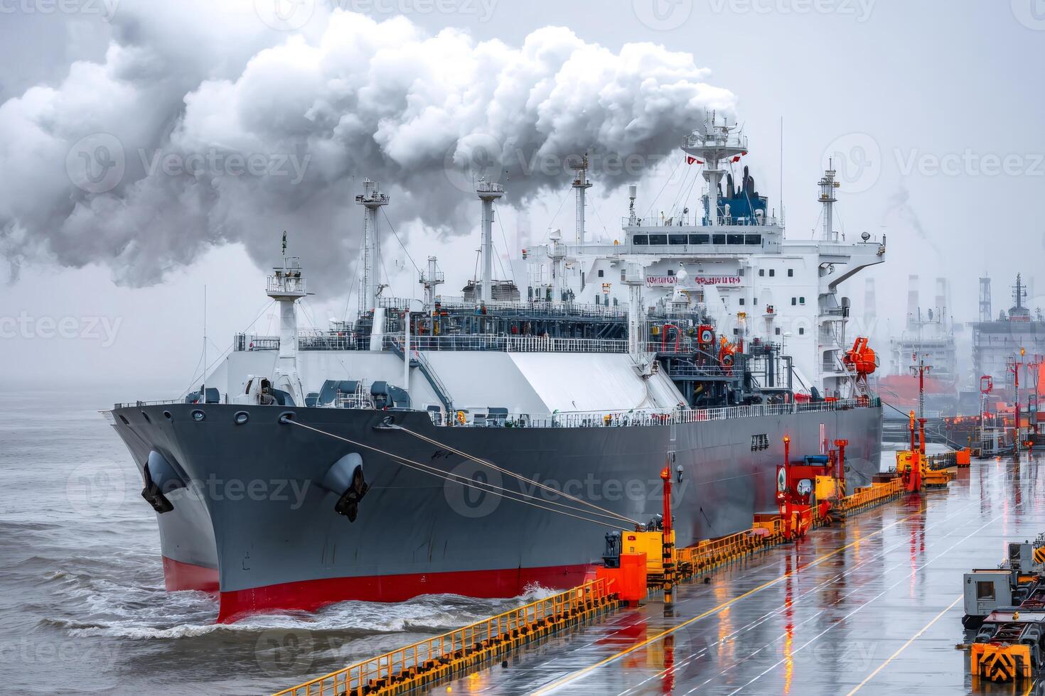 Large lng tanker moored at a terminal emitting greenhouse gases photo