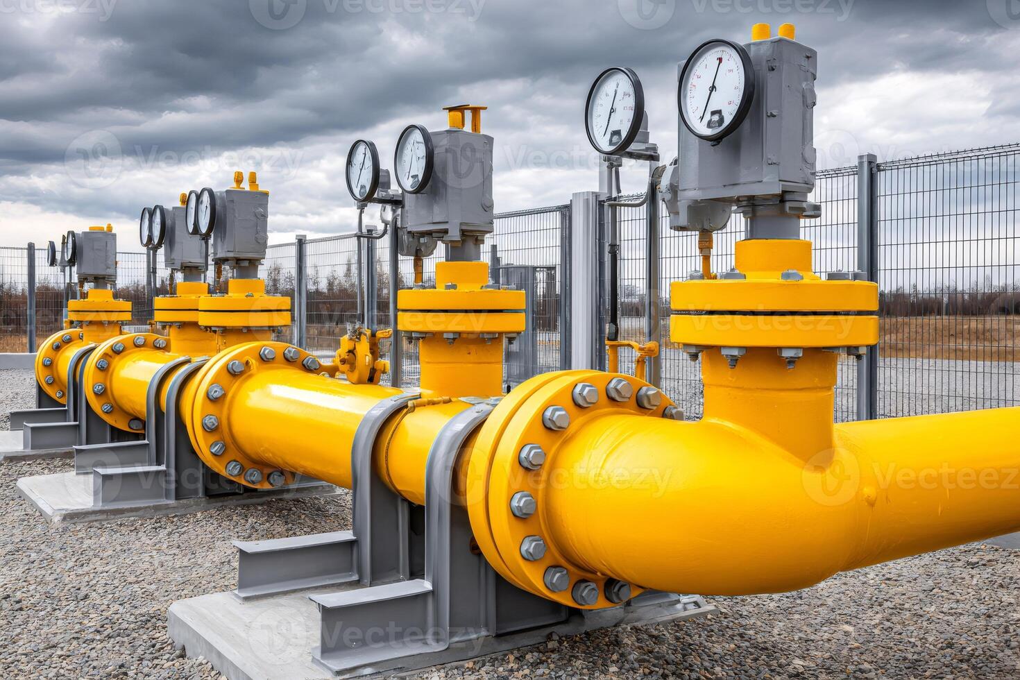 Gas pipeline distribution station showing pressure gauges measuring pressure and flow photo