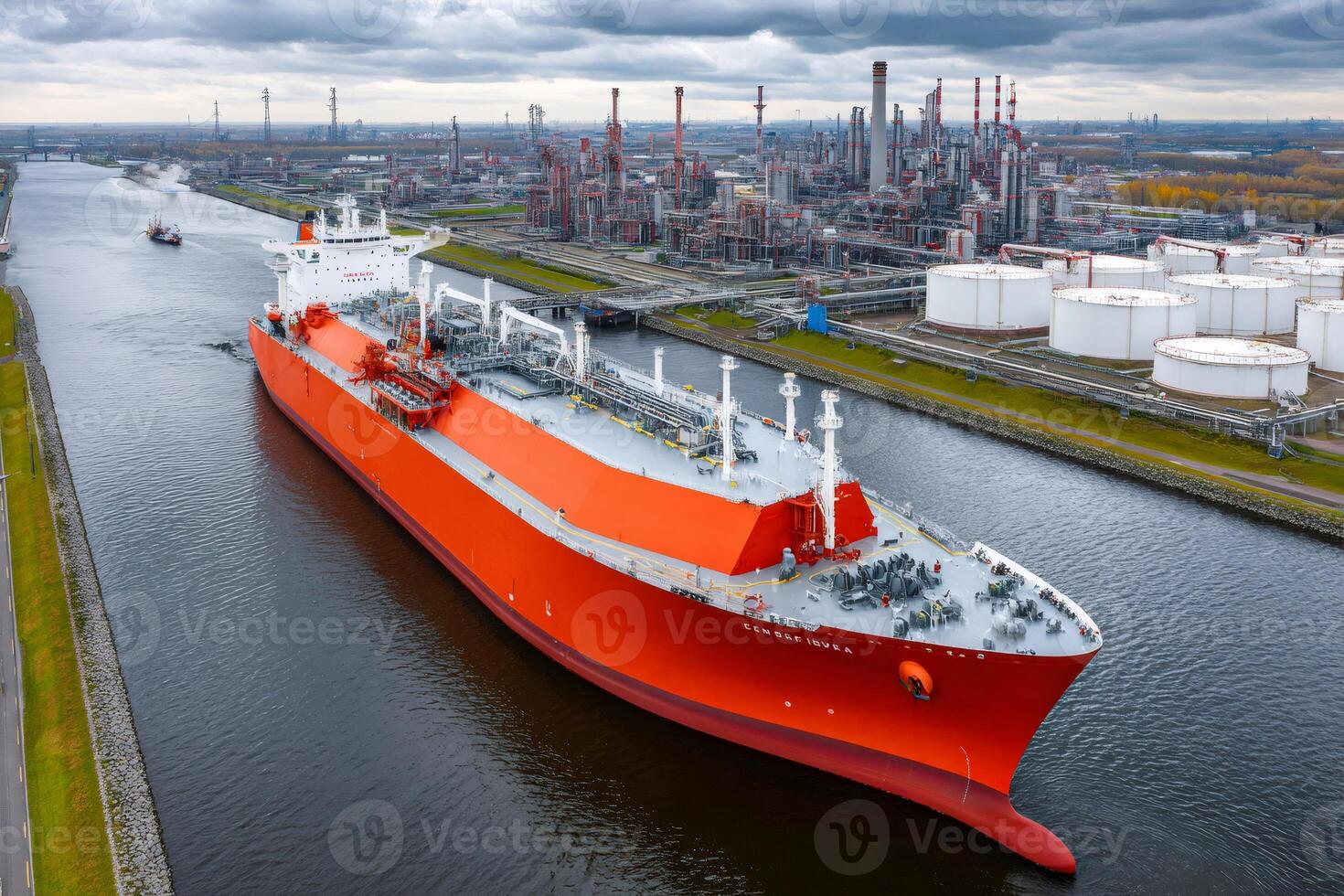 Lng tanker sailing on canal by refinery plant photo