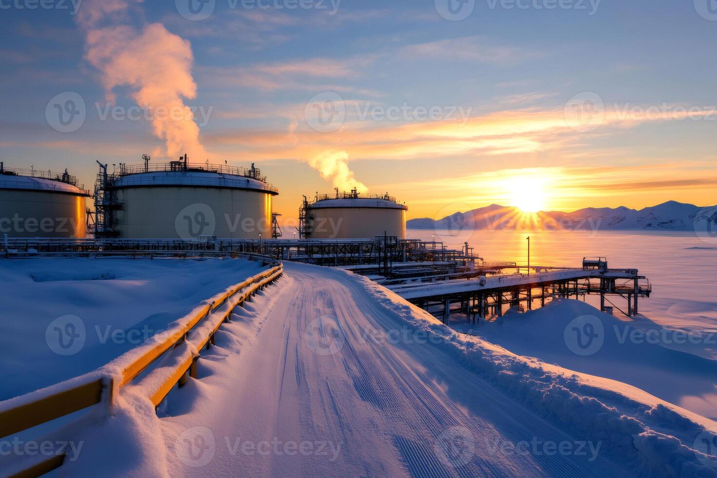 Oil and gas processing plant at sunset in winter landscape photo