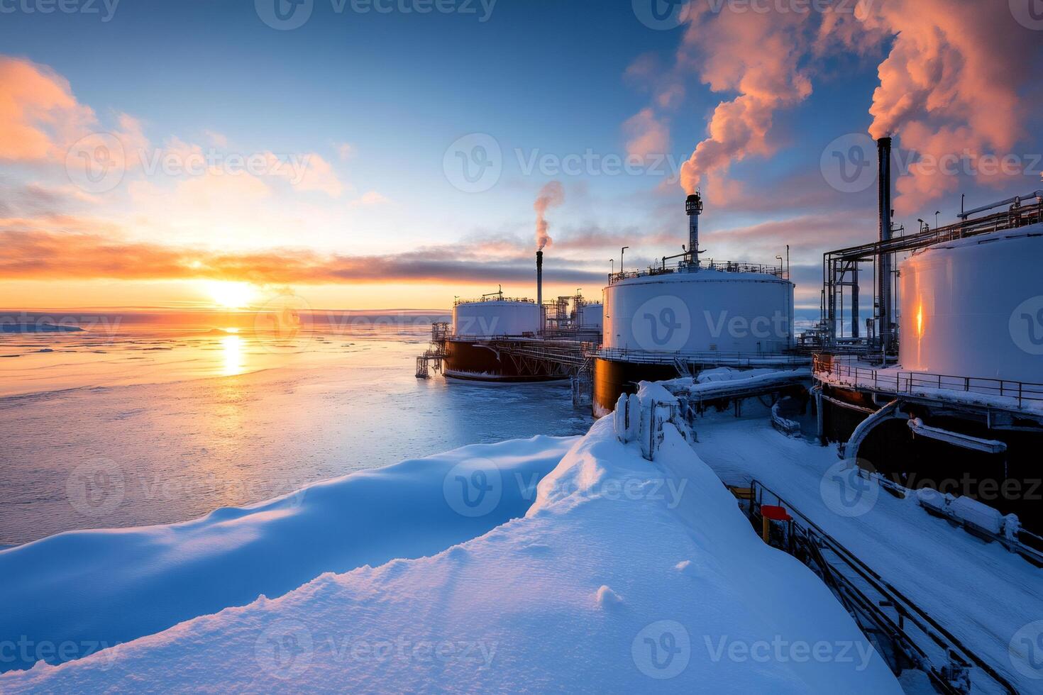 Natural gas processing plant operating in arctic conditions at sunset photo