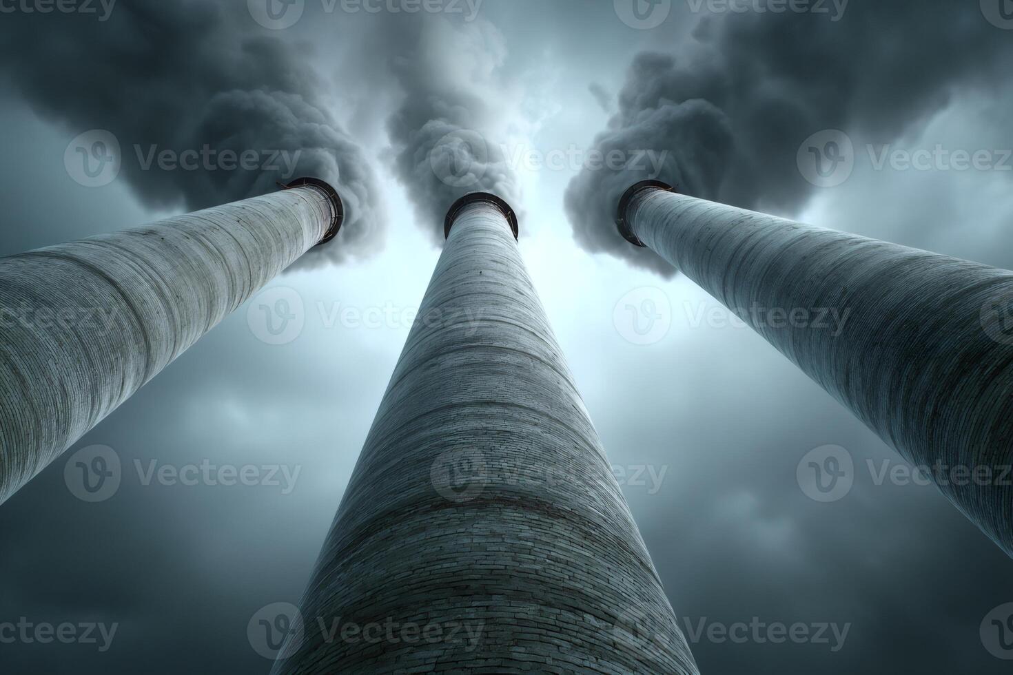 Industrial chimneys releasing pollution into cloudy sky photo