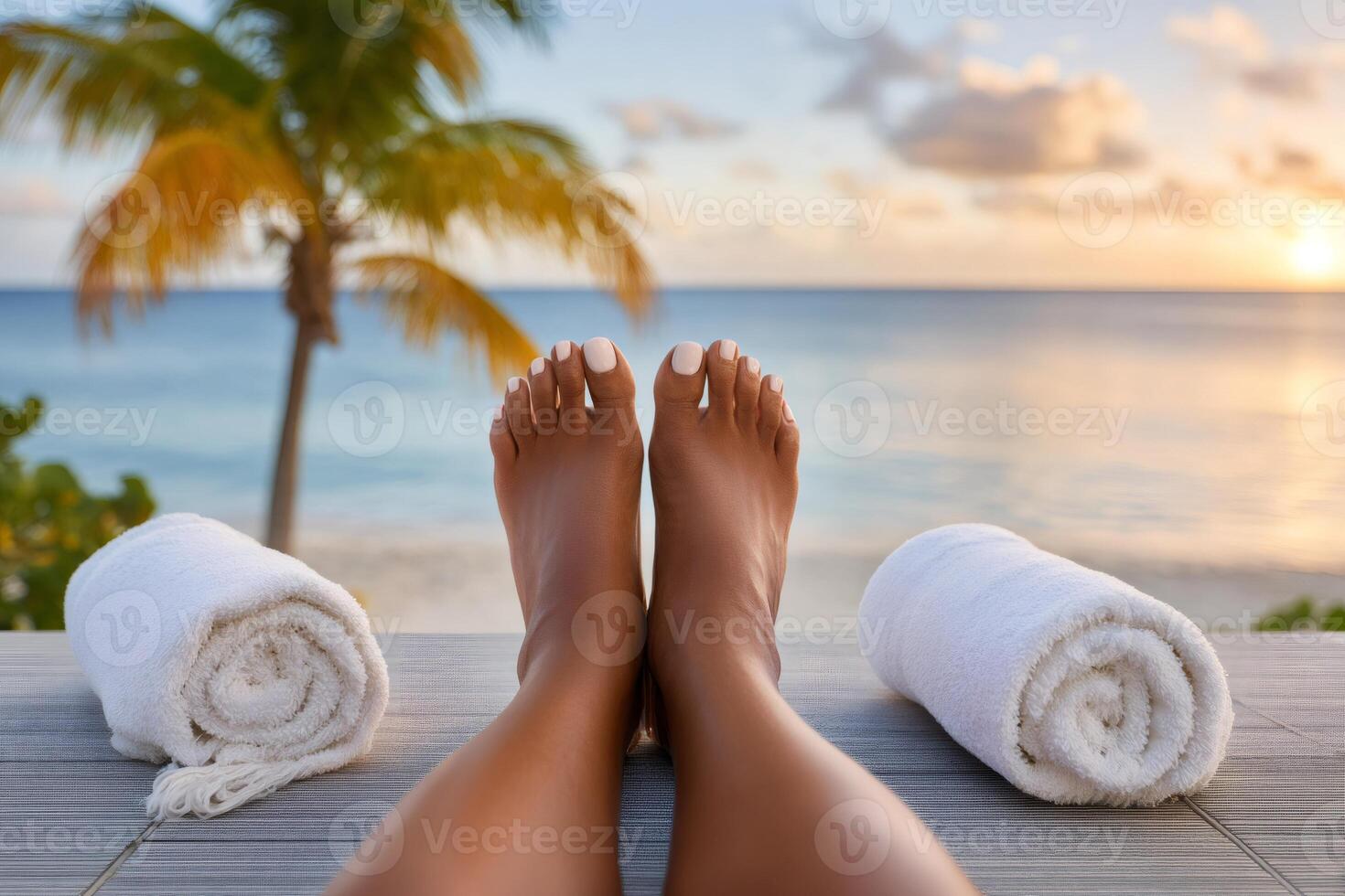 Woman relaxing with feet up at tropical beach resort spa during sunset photo