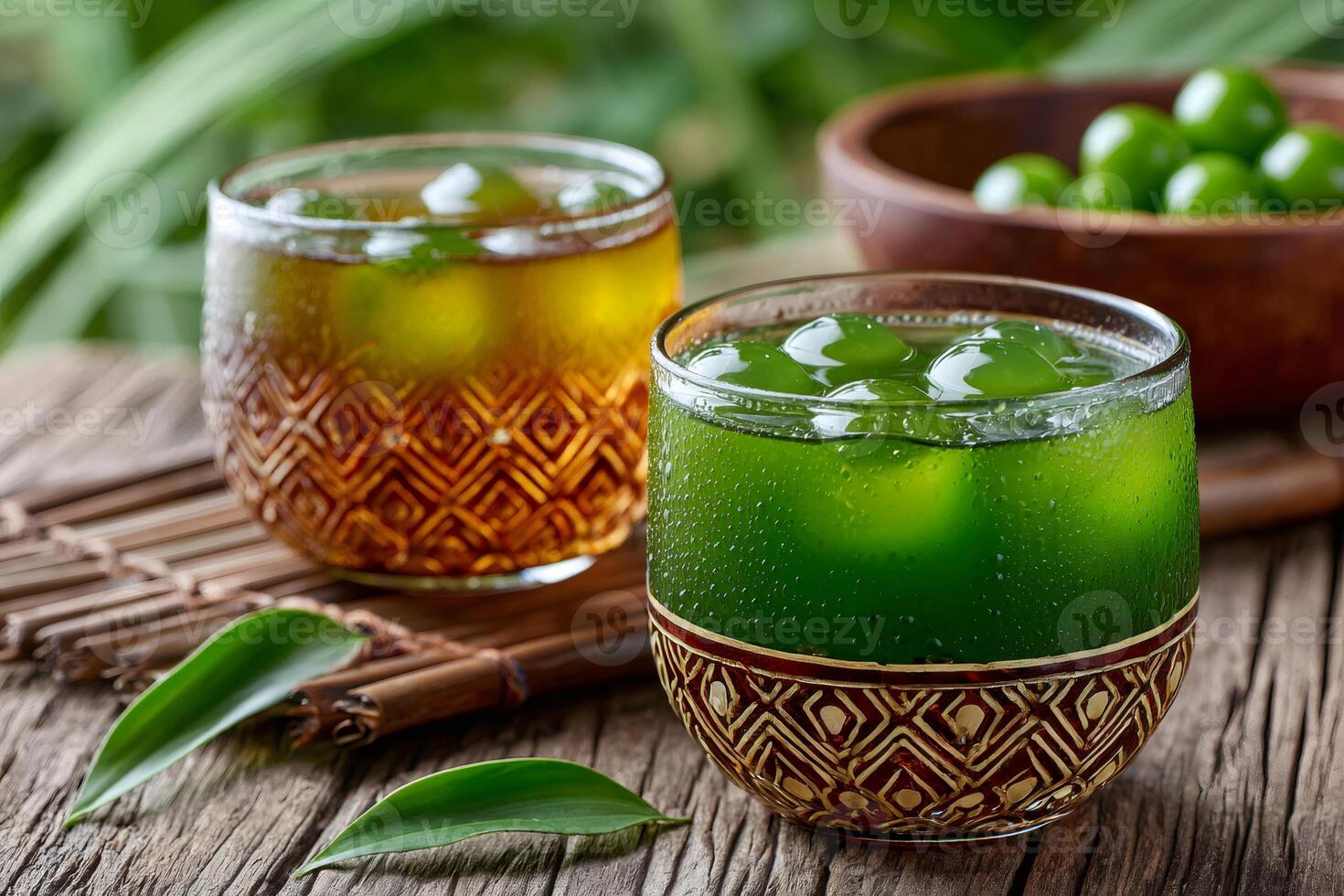 Pandan juice and chrysanthemum tea cooling down on wooden table photo