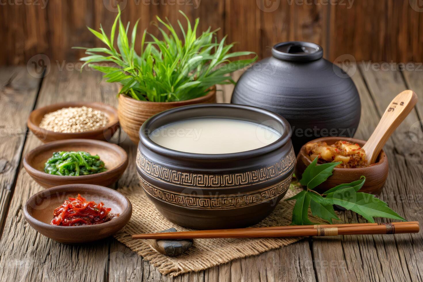 Korean traditional drink, makgeolli or takju, with side dishes photo