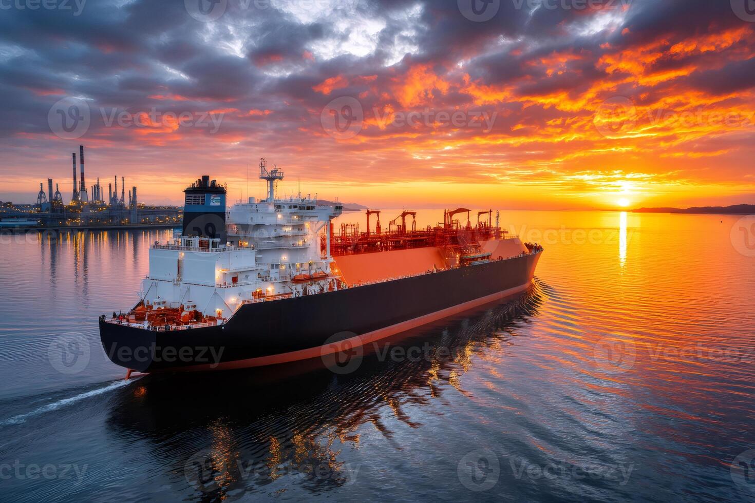 Lng tanker sailing near refinery at sunset. .. photo