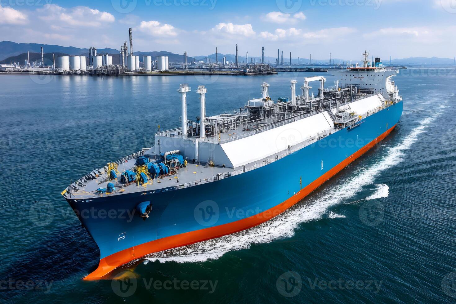 Lng tanker sailing near refinery, natural gas and energy concept photo