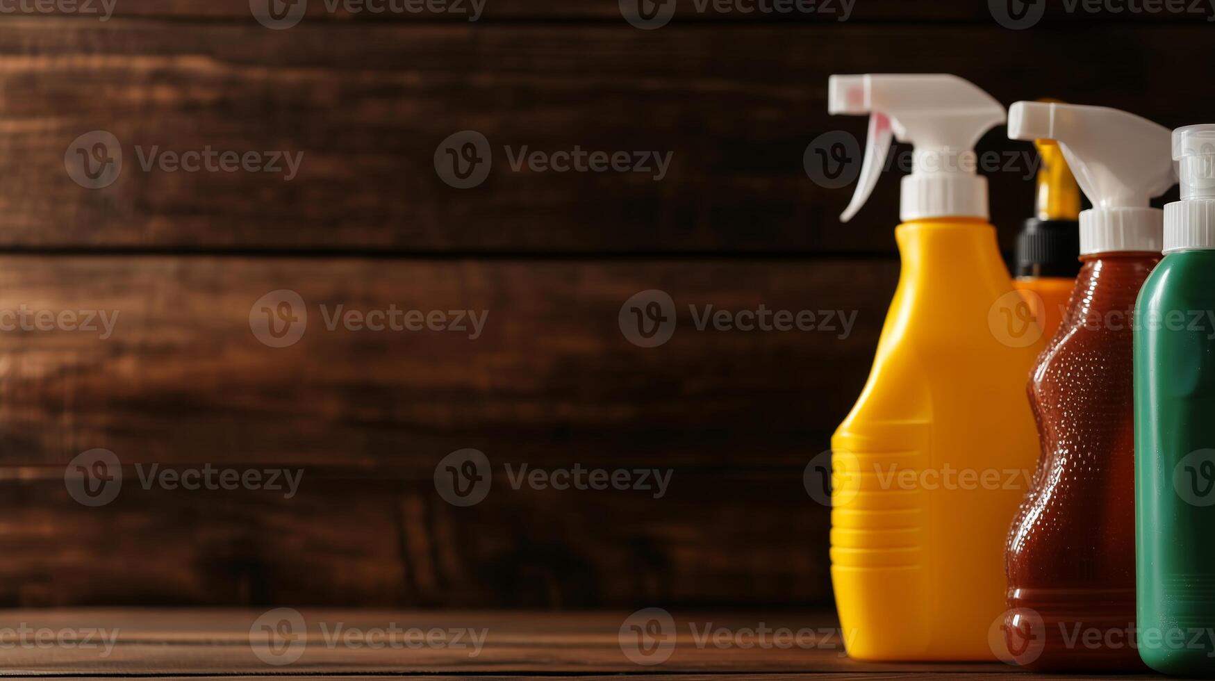 A row of spray bottles on a wooden table photo