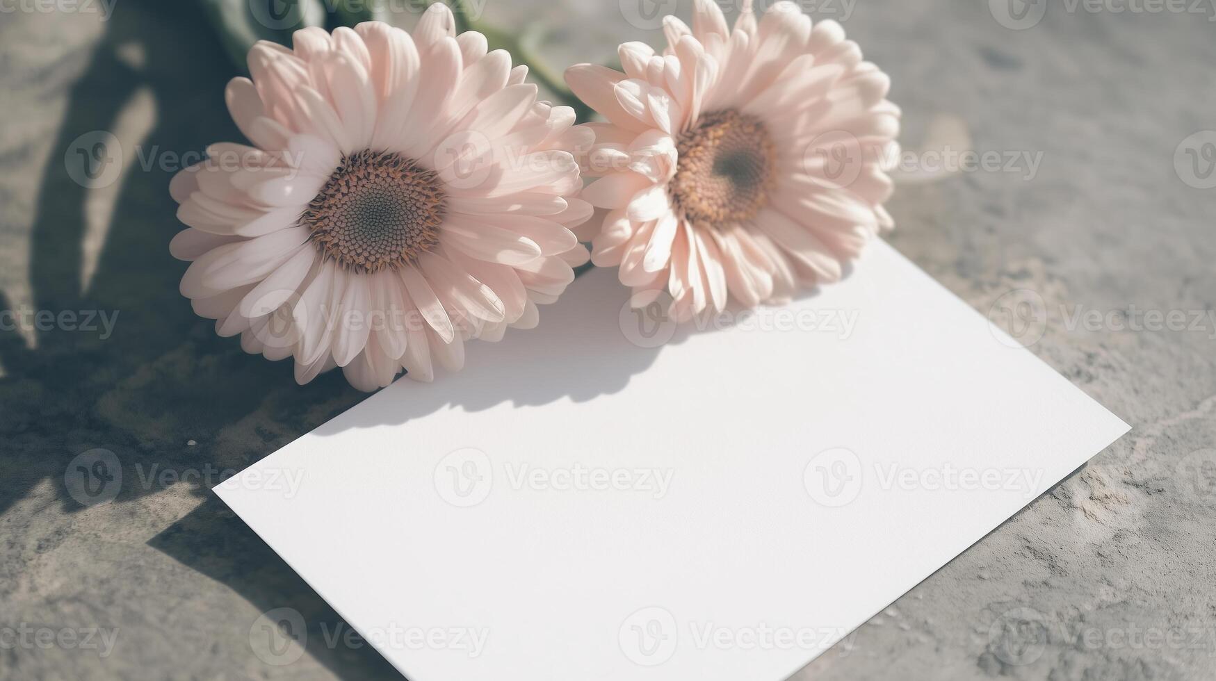 Two pink flowers with a blank card on a table photo