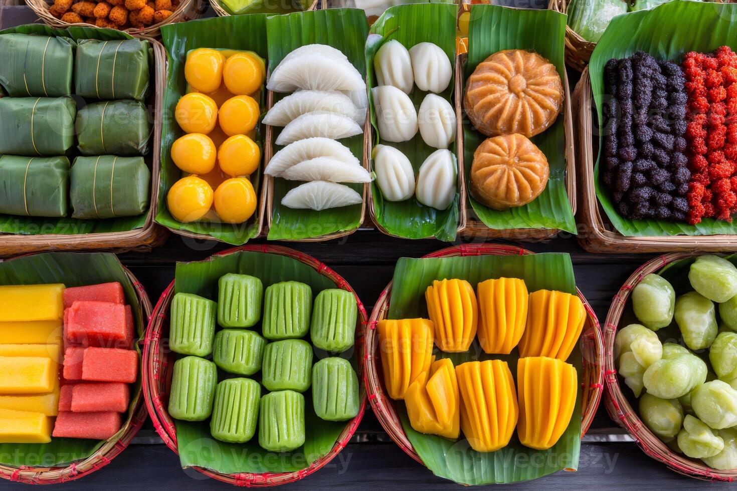 Colorful thai desserts displayed on banana leaves are tempting tourists at street market photo