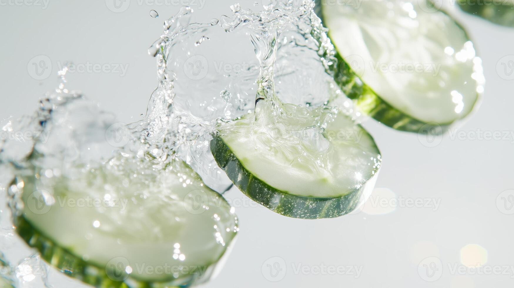 Cucumber slices being splashed with water photo