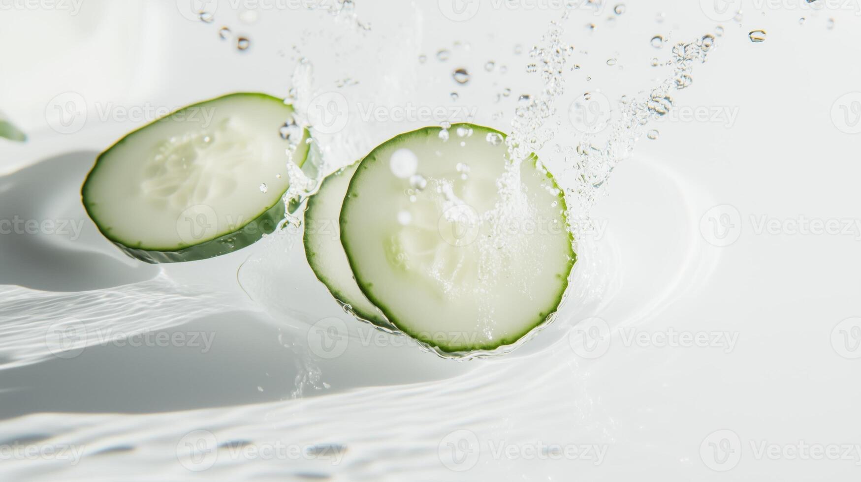 A cucumber slice is being splashed with water photo