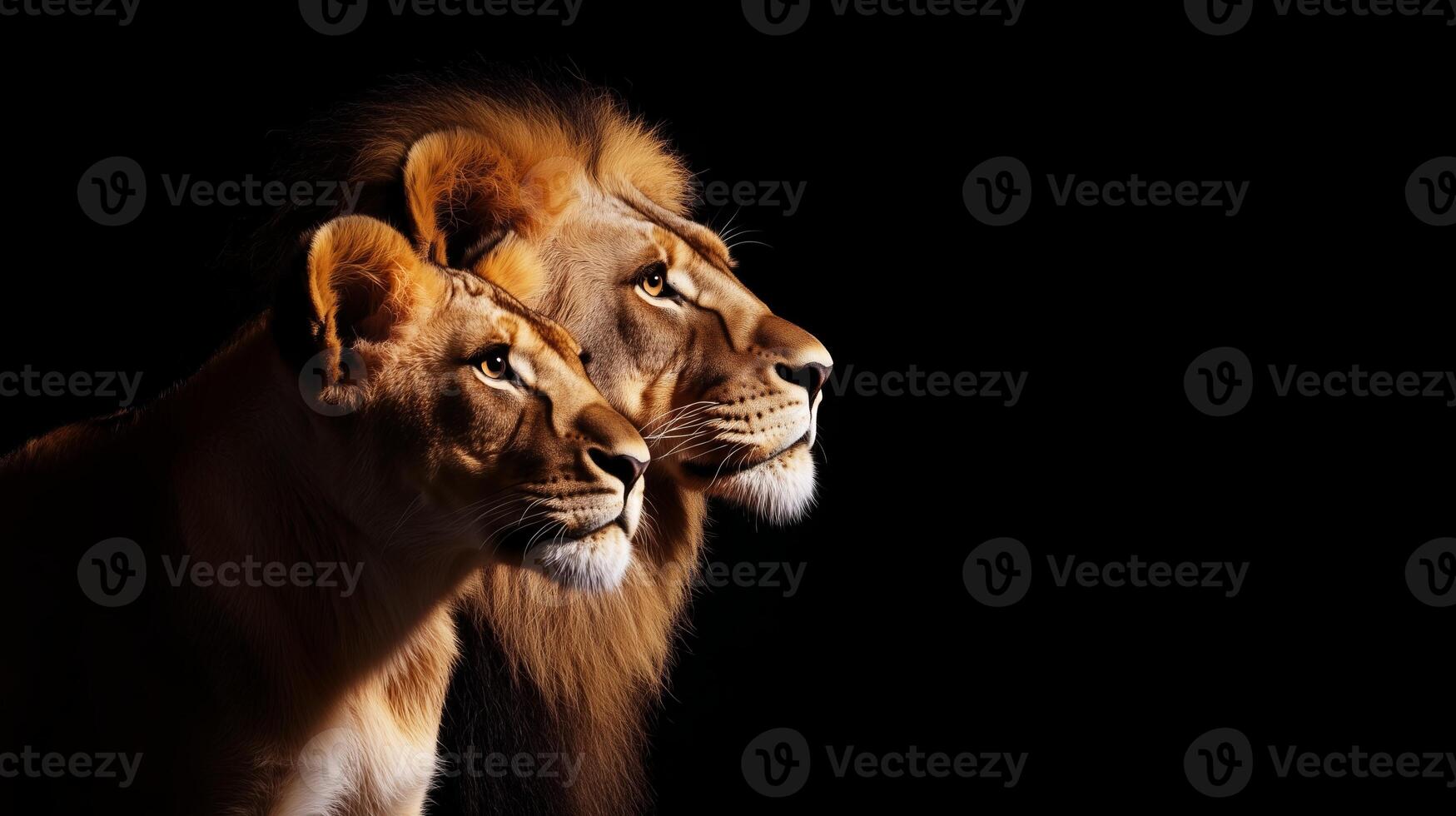 Two lions standing side by side in the dark photo