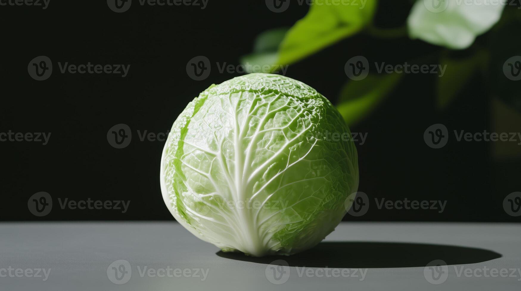 A green cabbage is sitting on a table photo