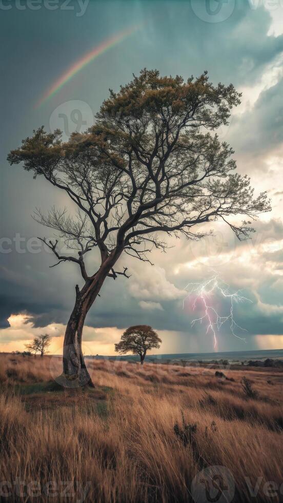 Lone tree stands in a field during a dramatic lightning storm photo