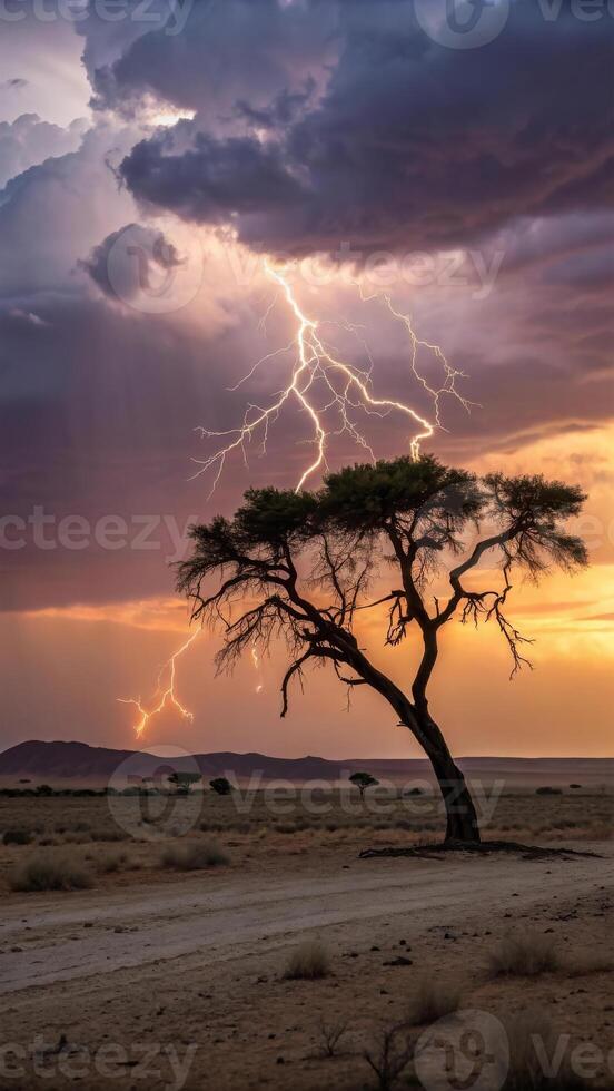 Lightning strikes over a lone tree in the Namibian desert at sunset photo
