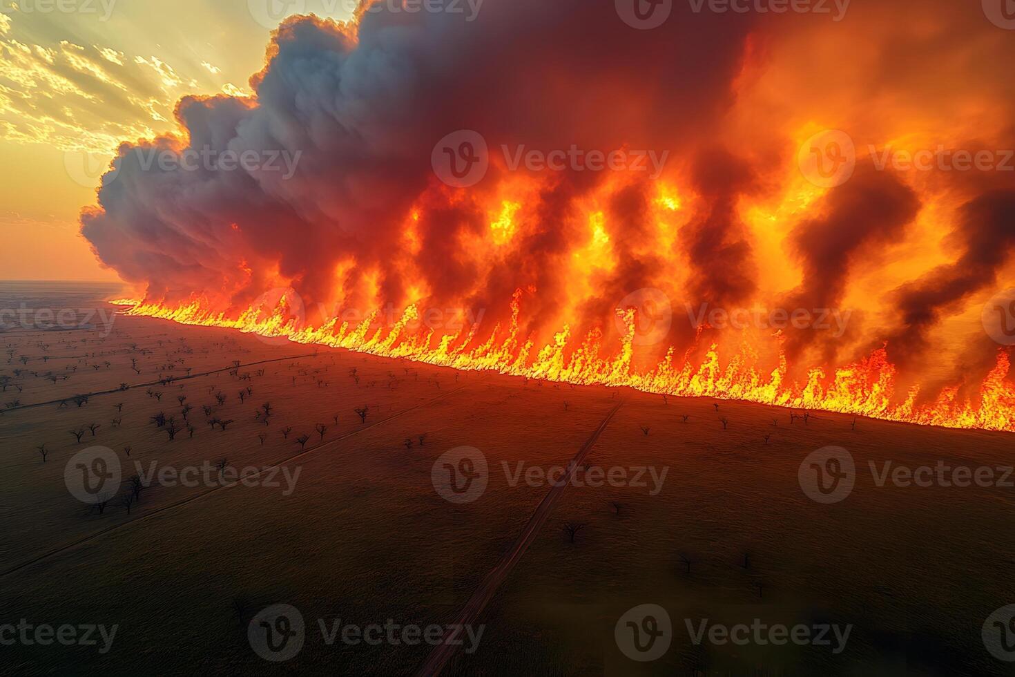 Vast Wildfire Consuming Prairie Landscape at Sunset for Environmental Impact and Awareness photo