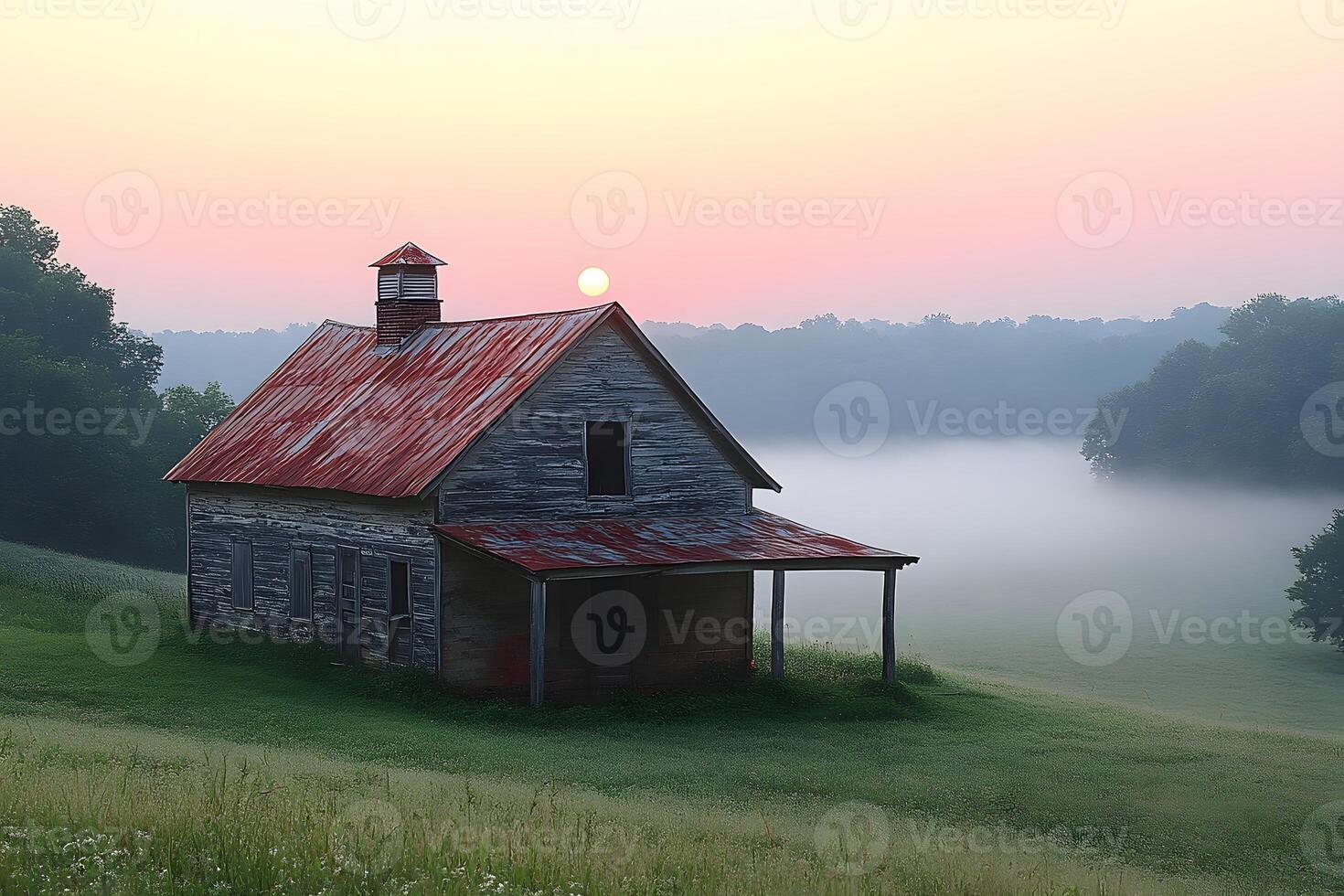 Rustic Charm of a Sunrise over Misty Countryside with Vintage Farmhouse photo