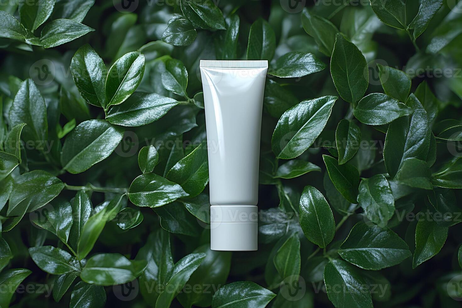 Natural Skincare Concept Cosmetic Tube on Lush Greenery for Eco-Friendly Design photo