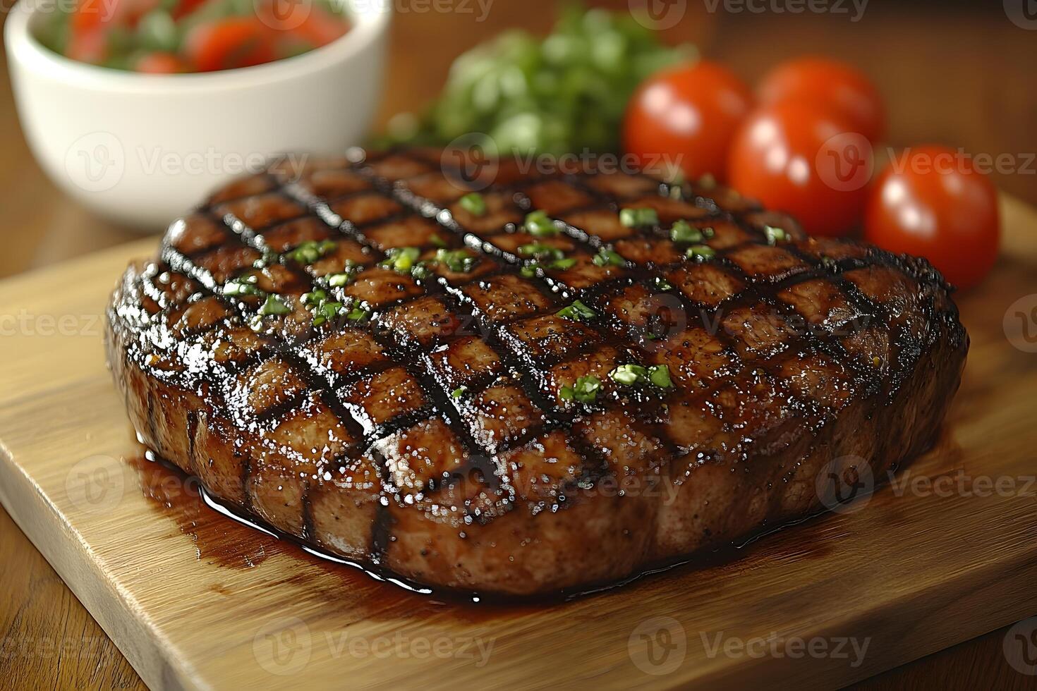 Grilled Ribeye Steak on Wooden Board with Fresh Tomatoes and Herbs for Gourmet Dining photo