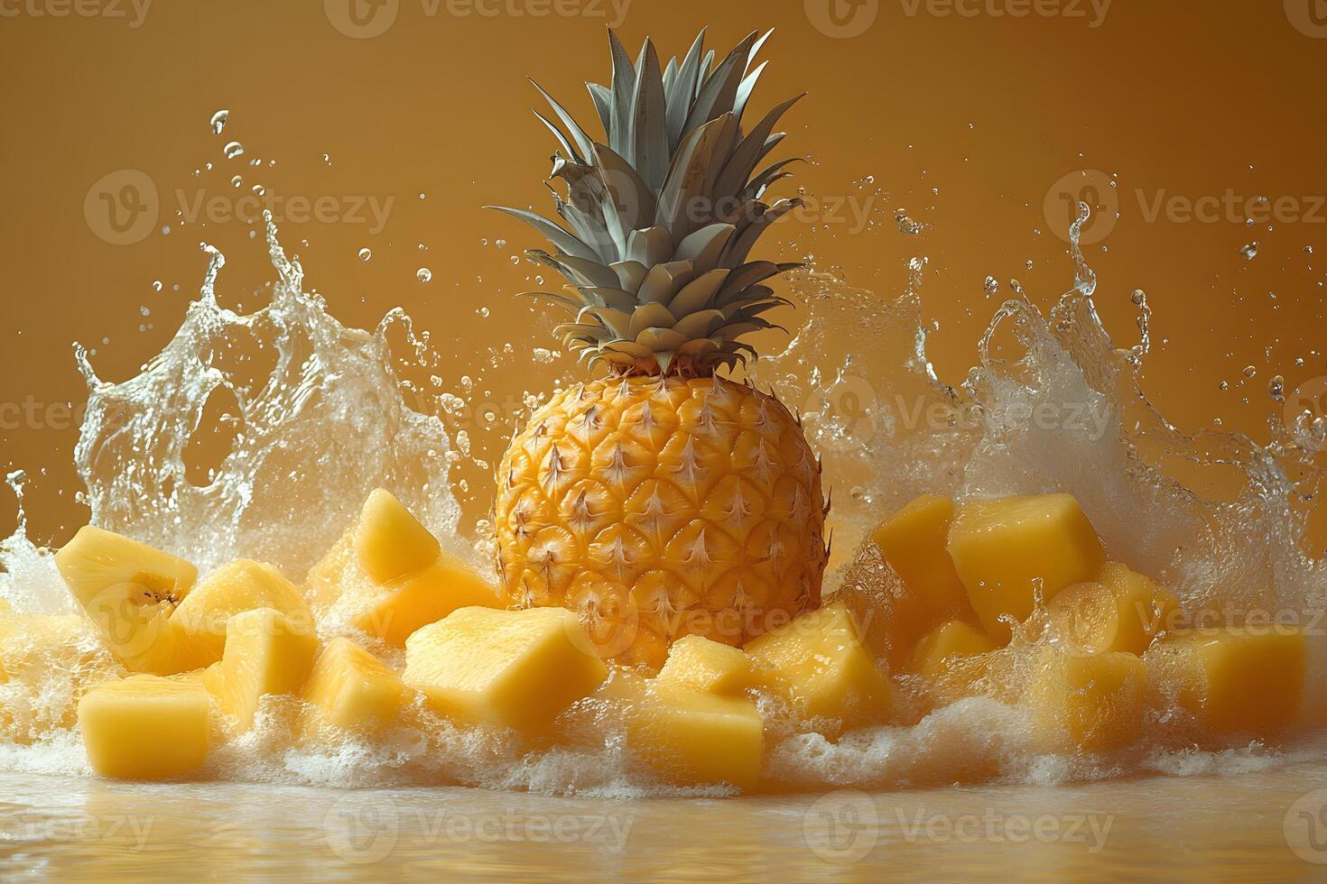 Vibrant Pineapple and Splashing Water with Fresh Pineapple Chunks for Summer Design photo