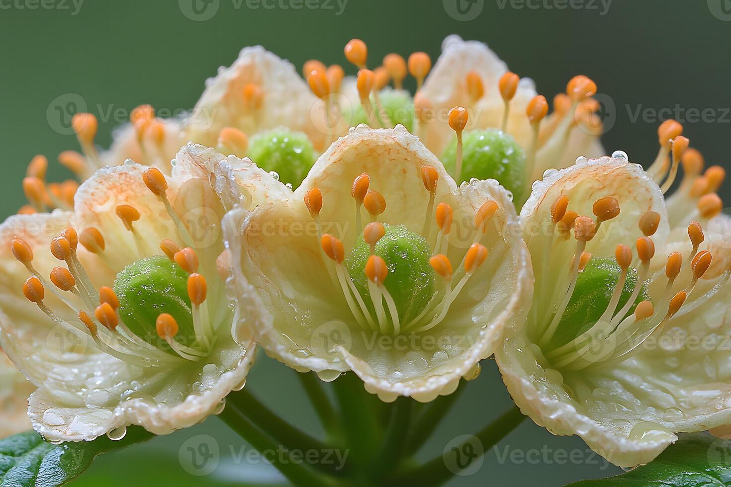 Close-Up of Dew-Kissed Blossoms with Green Stamens for Nature Photography and Botanical Prints photo