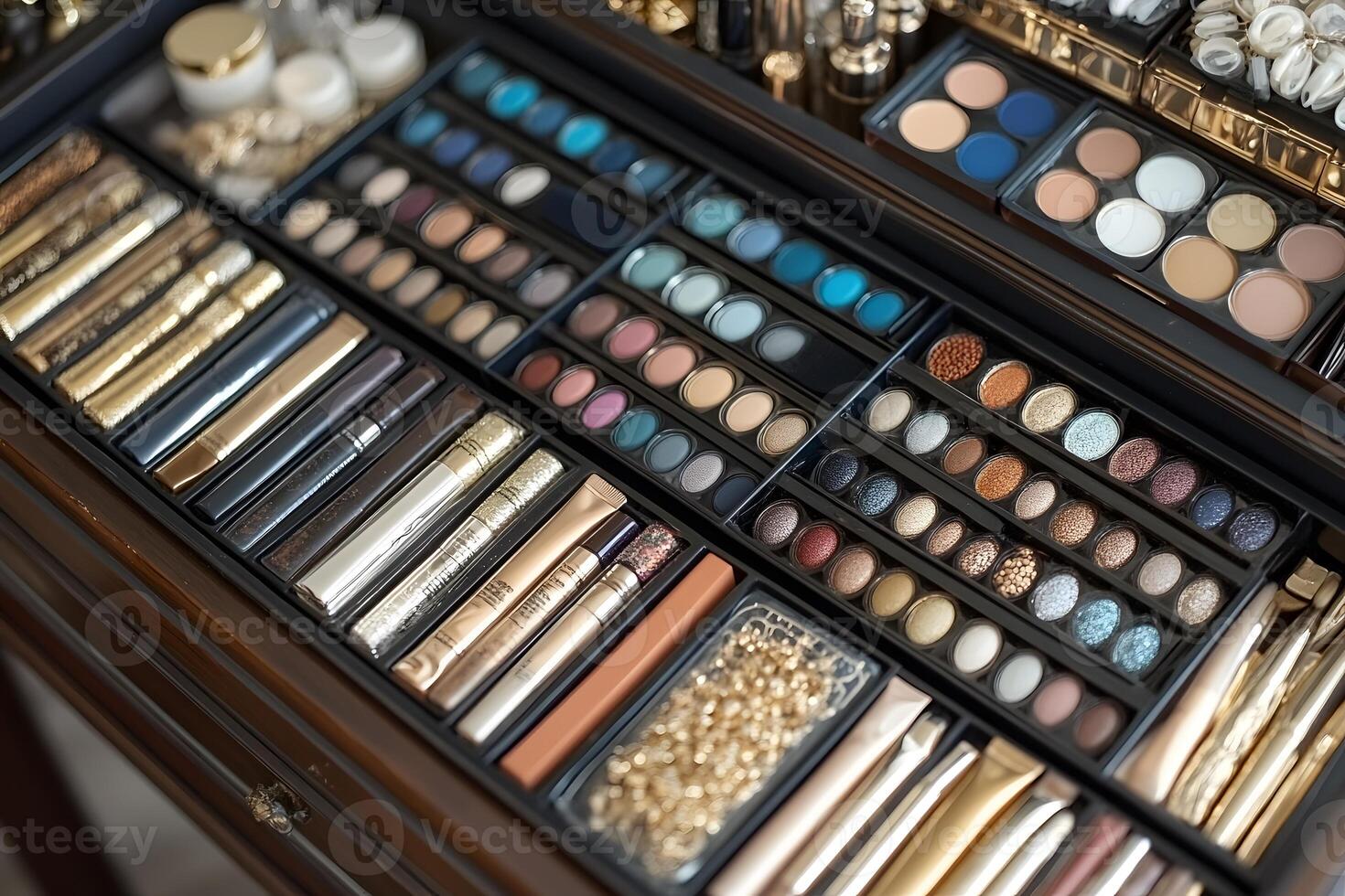 Organized Makeup Collection with Eyeshadows, Lipsticks, and Brushes in Elegant Display for Beauty Enthusiasts photo