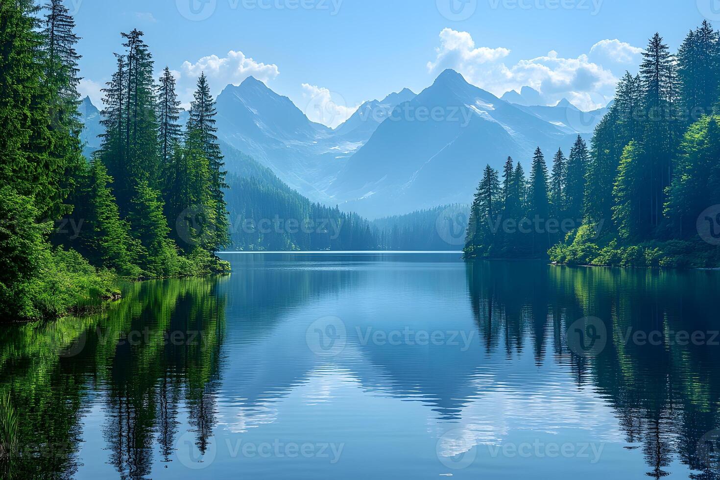 Tranquil Mountain Lake with Pine Trees and Scenic Peaks for Nature Artwork photo