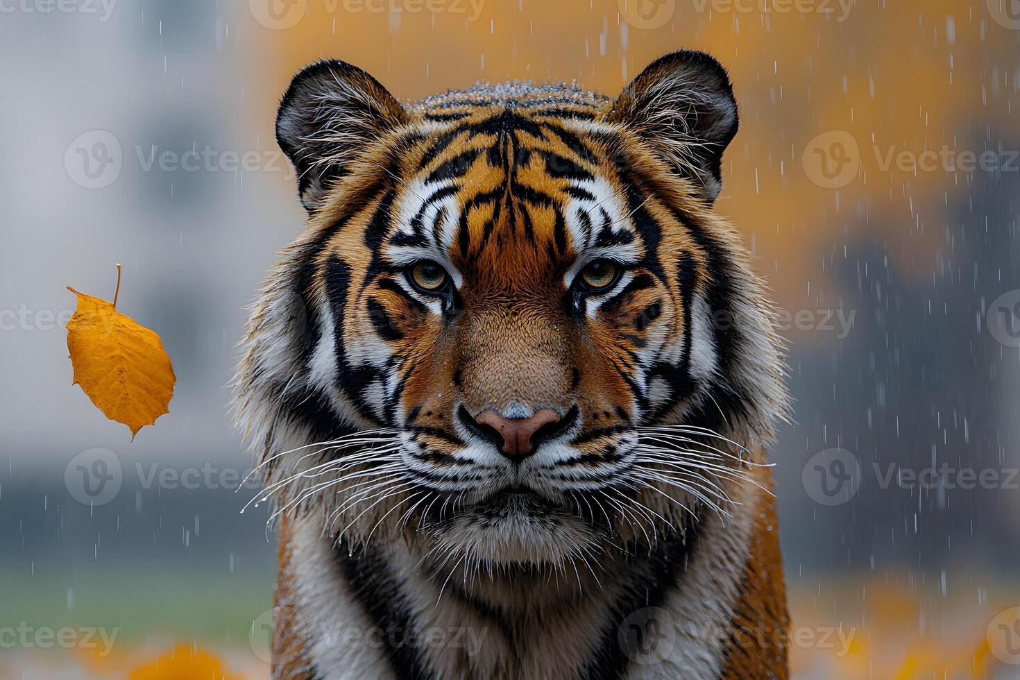 Majestic Tiger in Autumn Rain with Falling Leaf - Wildlife Photography photo