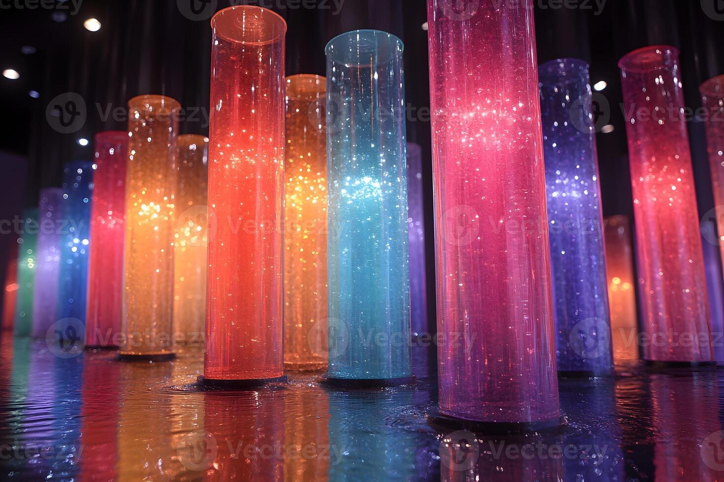 Colorful Illuminated Tubes Displaying a Mesmerizing Light Show in a Darkened Space photo