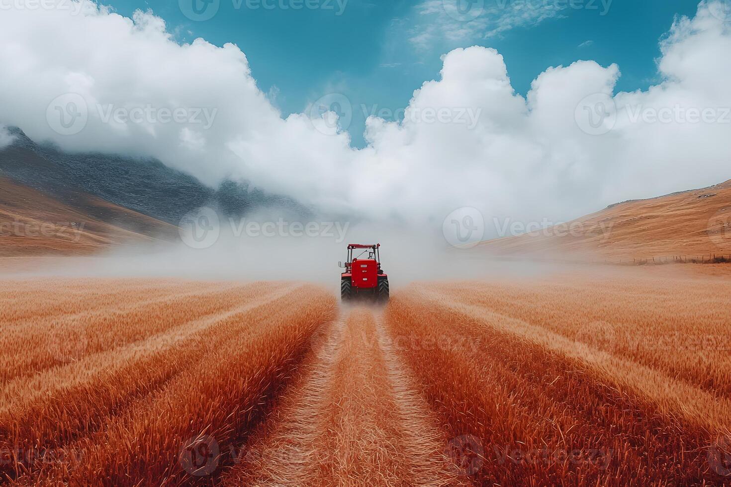 Tractor in Vast Wheat Field with Majestic Sky for Agriculture and Farm Life Design photo