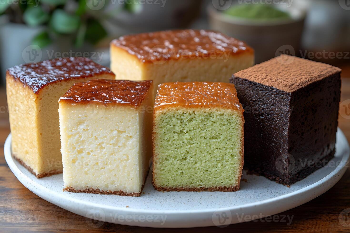 Assorted Sponge Cakes Display Vanilla, Matcha, and Chocolate on a Plate photo