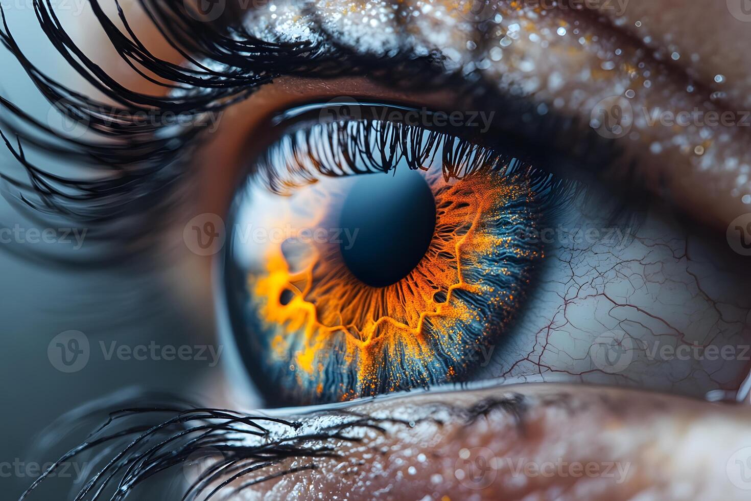 Vivid Macro Close-Up of an Eye with Fiery Iris Design for Artistic Inspiration photo